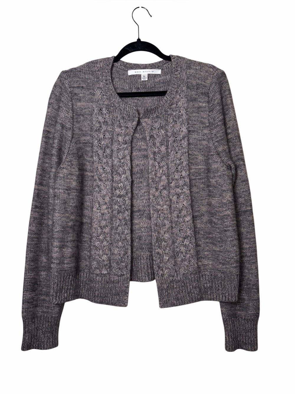Max Studio Angora Blend Cable Knit Open Front Cardigan Sweater Gray Beige XL